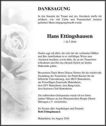 Traueranzeige von Hans Ettingshausen von Trauerportal Rhein Main Presse