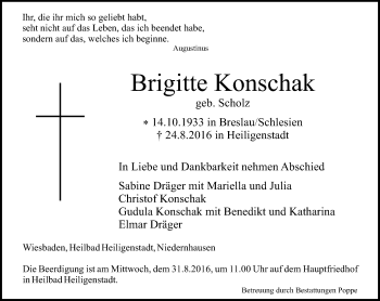 Traueranzeige von Brigitte Konschak von Trauerportal Rhein Main Presse