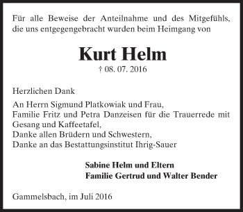 Traueranzeige von Kurt Helm von Trauerportal Echo Online