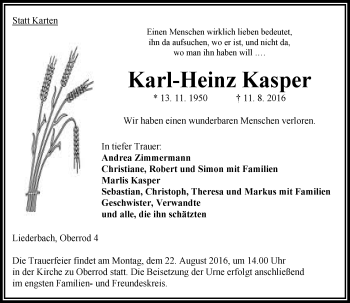 Traueranzeige von Karl-Heinz Kasper von VRM Trauer