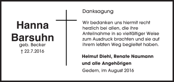 Traueranzeige von Hanna Barsuhn von  Kreisanzeiger