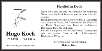 Traueranzeige von Hugo Koch von  Sonntags Anzeiger