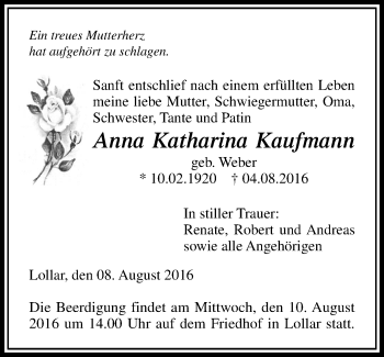 Traueranzeige von Anna Katharina Kaufmann von  Gießener Anzeiger