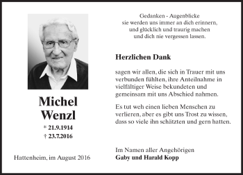 Traueranzeige von Michel Wenzl von Trauerportal Rhein Main Presse