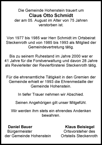 Traueranzeige von Claus-Otto Schmidt von Trauerportal Rhein Main Presse