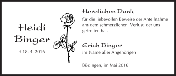 Traueranzeige von Heidi Binger von  Kreisanzeiger