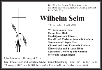 Traueranzeige von Wilhelm Seim von VRM Trauer