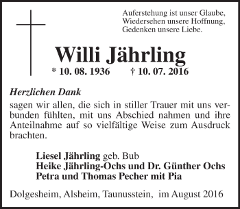 Traueranzeige von Willi Jährling von Trauerportal Rhein Main Presse