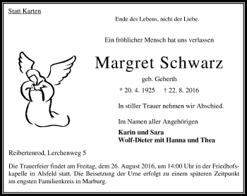 Traueranzeige von Margret Schwarz von VRM Trauer