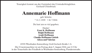 Traueranzeige von Annemarie Hoffmann von Trauerportal Rhein Main Presse