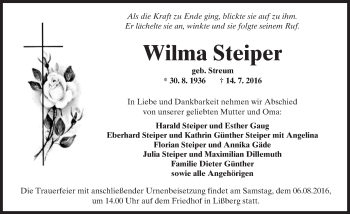 Traueranzeige von Wilma Steiper von  Kreisanzeiger