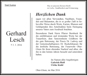 Traueranzeige von Gerhard Lesch von VRM Trauer