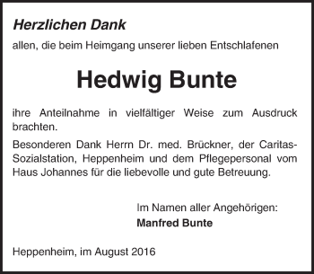 Traueranzeige von Hedwig Bunte von Trauerportal Echo Online