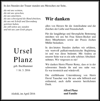 Traueranzeige von Ursel Planz von VRM Trauer