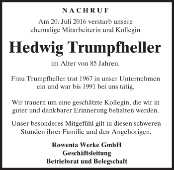 Traueranzeige von Hedwig Trumpfheller von Trauerportal Echo Online