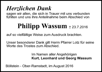 Traueranzeige von Philipp Wassum von Trauerportal Echo Online