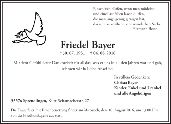 Traueranzeige von Friedel Bayer von Trauerportal Rhein Main Presse
