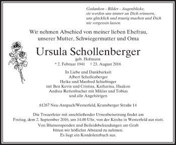 Traueranzeige von Ursula Schollenberger von  Usinger Anzeiger