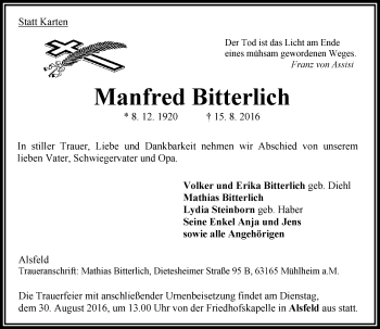 Traueranzeige von Manfred Bitterlich von VRM Trauer