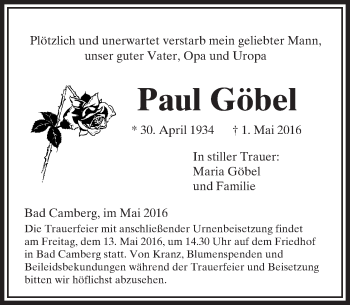 Traueranzeige von Paul Göbel von  Camberger Anzeiger