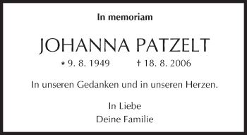 Traueranzeige von Johanna Patzelt von  Kreisanzeiger