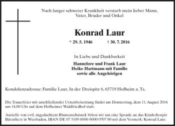 Traueranzeige von Konrad Laur von Trauerportal Rhein Main Presse