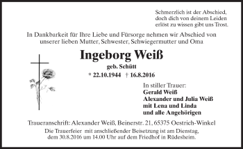 Traueranzeige von Ingeborg Weiß von Trauerportal Rhein Main Presse