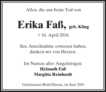 Traueranzeige von Erika Faß von  Gelnhäuser Tageblatt