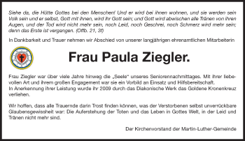 Traueranzeige von Paula Ziegler von Trauerportal Echo Online
