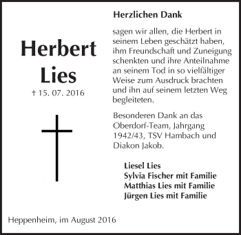 Traueranzeige von Herbert Lies von Trauerportal Echo Online