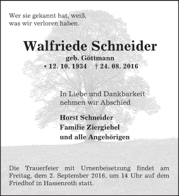 Traueranzeige von Walfriede Schneider von Trauerportal Echo Online