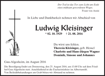 Traueranzeige von Ludwig Kleisinger von Trauerportal Rhein Main Presse