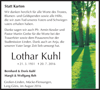 Traueranzeige von Lothar Kuhl von  Gießener Anzeiger