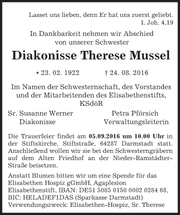 Traueranzeige von Therese Mussel von Trauerportal Echo Online