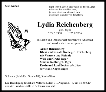 Traueranzeige von Lydia Reichenberg von VRM Trauer
