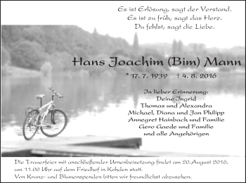 Traueranzeige von Hans Joachim Mann von  Kreisanzeiger