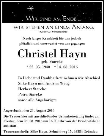 Traueranzeige von Christel Hayn von VRM Trauer