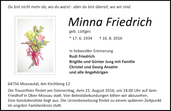 Traueranzeige von Minna Friedrich von Trauerportal Echo Online