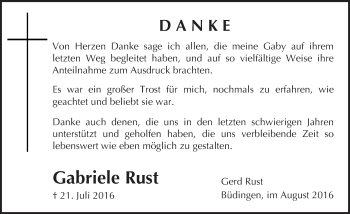 Traueranzeige von Gabriele Rust von  Sonntags Anzeiger