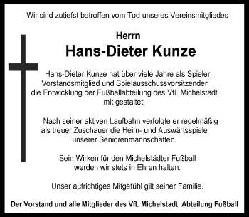 Traueranzeige von Hans-Dieter Kunze von Trauerportal Echo Online