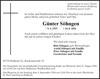 Traueranzeige von Günter Söhngen von Trauerportal Rhein Main Presse