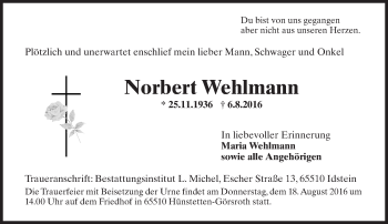 Traueranzeige von Norbert Wehlmann von Trauerportal Rhein Main Presse