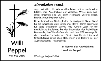Traueranzeige von Willi Peppel von  Kreisanzeiger