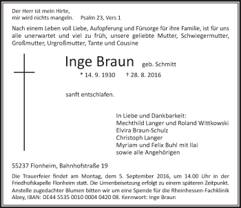 Traueranzeige von Inge Braun von Trauerportal Rhein Main Presse