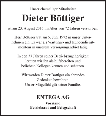 Traueranzeige von Dieter Böttiger von Trauerportal Echo Online