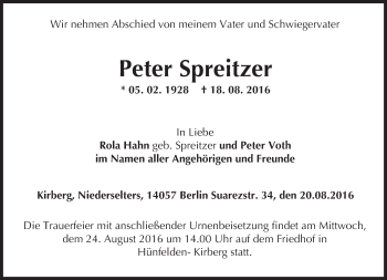 Traueranzeige von Peter Spreitzer von Trauerportal Rhein Main Presse