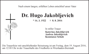 Traueranzeige von Hugo Jakobljevich von Trauerportal Rhein Main Presse