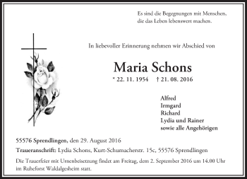 Traueranzeige von Maria Schons von Trauerportal Rhein Main Presse