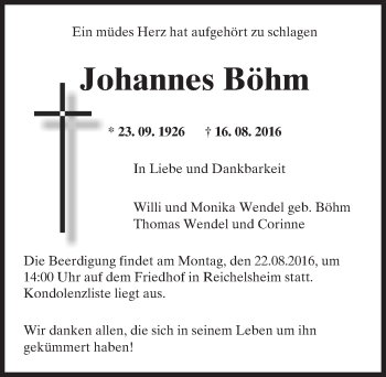 Traueranzeige von Johannes Böhm von Trauerportal Echo Online