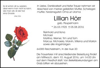 Traueranzeige von Lillian Hörr von Trauerportal Echo Online